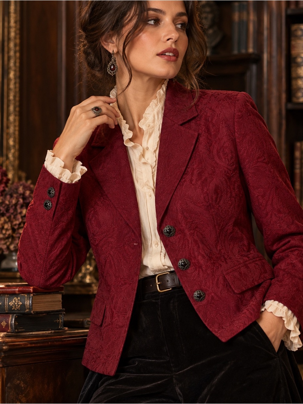 Chico’s Size 1 Medium Burgundy Jacquard Blazer Ornate Buttons Gothic Romance